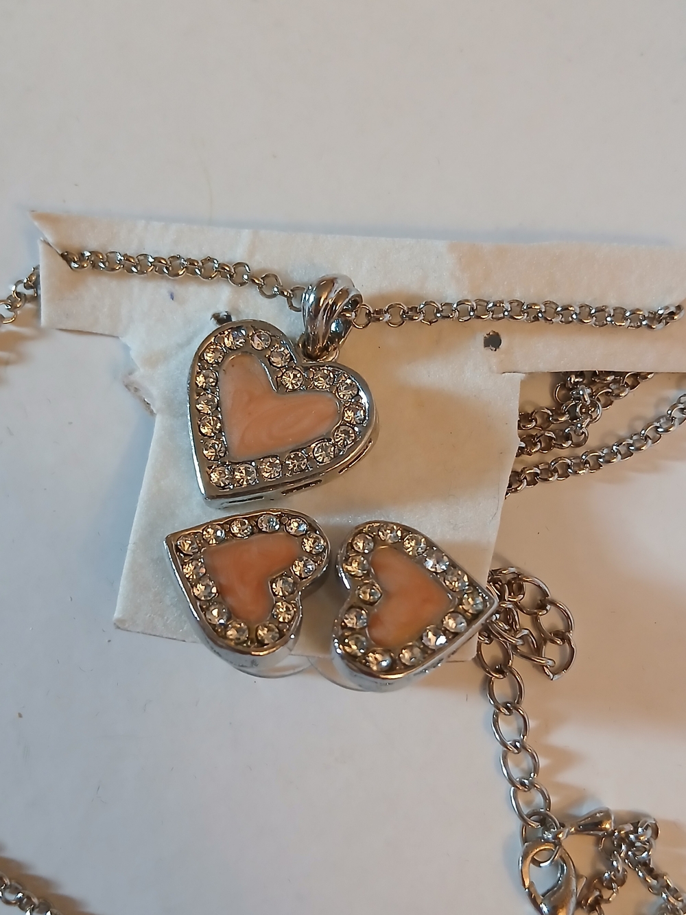 Heart Pendant Necklace and Earrings Set - Pink Crystal Accents